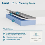 Lucid 8 Inch Memory Foam Mattress - Medium Firm Feel - Infused with Refreshing Bamboo Charcoal and Cooling Gel - Bed in a Box - Temperature Regulating - Pressure Relief - Breathable - Full Size LUCID