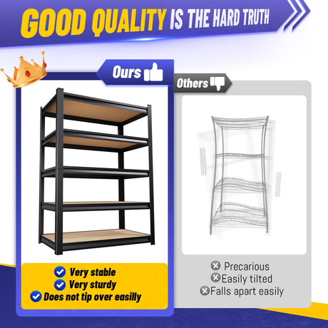 5-Tier Garage Shelving Heavy Duty, Adjustable Storage Shelves, 2500LBS Metal Garage Shelves,Storage Rack for Basement, Warehouse, Pantry, Easy Assembly, Black (wooden-72''H x 35.4''W x 15.7''D) ZZXCBB