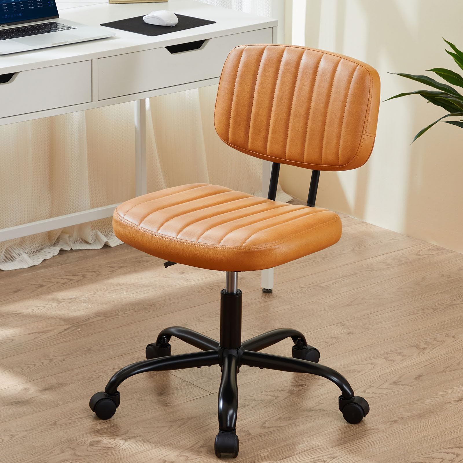 Sweetcrispy Small Office Desk Chair with Wheels Armless Comfy Computer Chair with Lumbar Support, PU Leather Low Back Adjustable Height 360° Rolling Swivel Task Chair Without Arm for Home, Be - WoodArtSupply