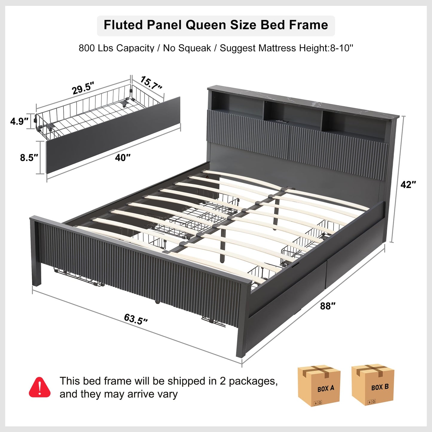 T4TREAM Fluted Panel Queen Bed Frame with Bookcase Headboard & Charging Station, Modern Wood Platform Bed with 4 Drawers, Wood Slats Support, Noise Free, No Box Spring Needed, Dark Grey - WoodArtSupply