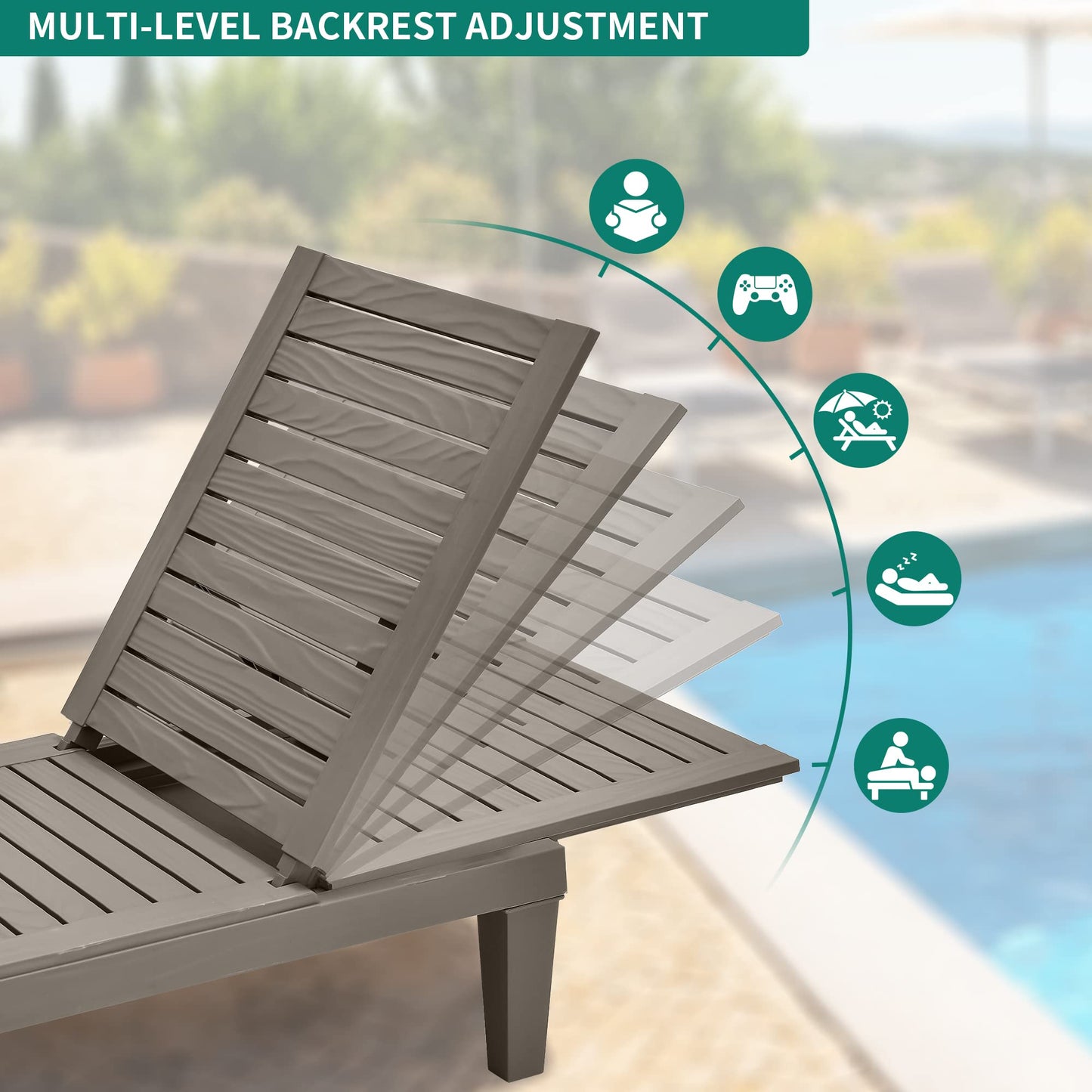 YITAHOME Outdoor Chaise Lounge Chairs Set of 4 with Adjustable Backrest, Sturdy Loungers for Patio & Poolside, Easy Assembly & Waterproof & Lightweight with 265lbs Weight Capacity, Taupe - WoodArtSupply