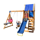 Sportspower North Peak Wooden Swing Set with Heavy Duty A-Frame & 6ft Double Wall Slide and Bonus Anchor Kit, Yellow/Blue Sportspower