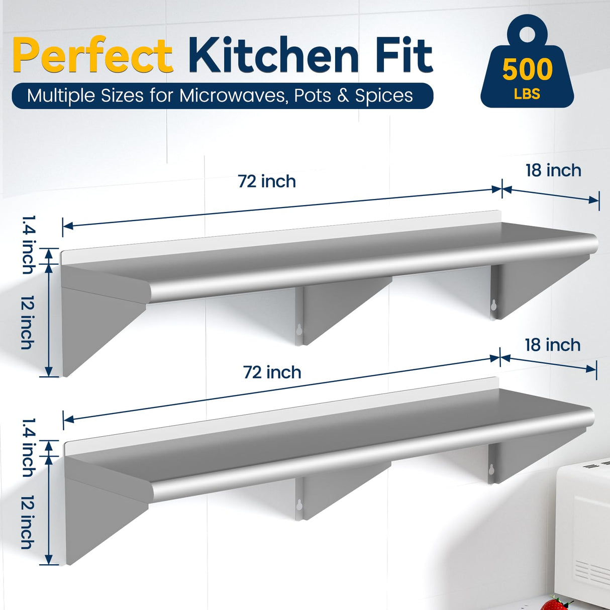 Chingoo Stainless Steel Shelf 18" x 72", 2 Pack NSF Wall Mounted Commercial Metal Shelving with Backsplash for Restaurant, Utility Room, Kitchen and Garage Chingoo