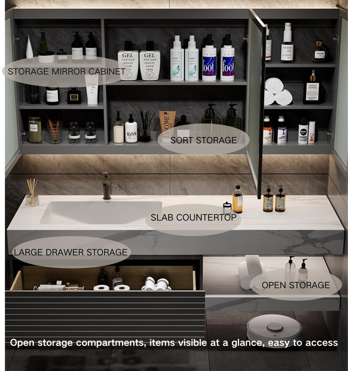 60 Inch Bathroom Vanity, Single Sink Bathroom Vanity Set Includes Anti-Fog LED Mirror Cabinet, Sintered Stone Countertop & Bathroom Sink Cabinet, Wall Mounted Floating Modern Bathroom Vanities, Black LUTHXAY