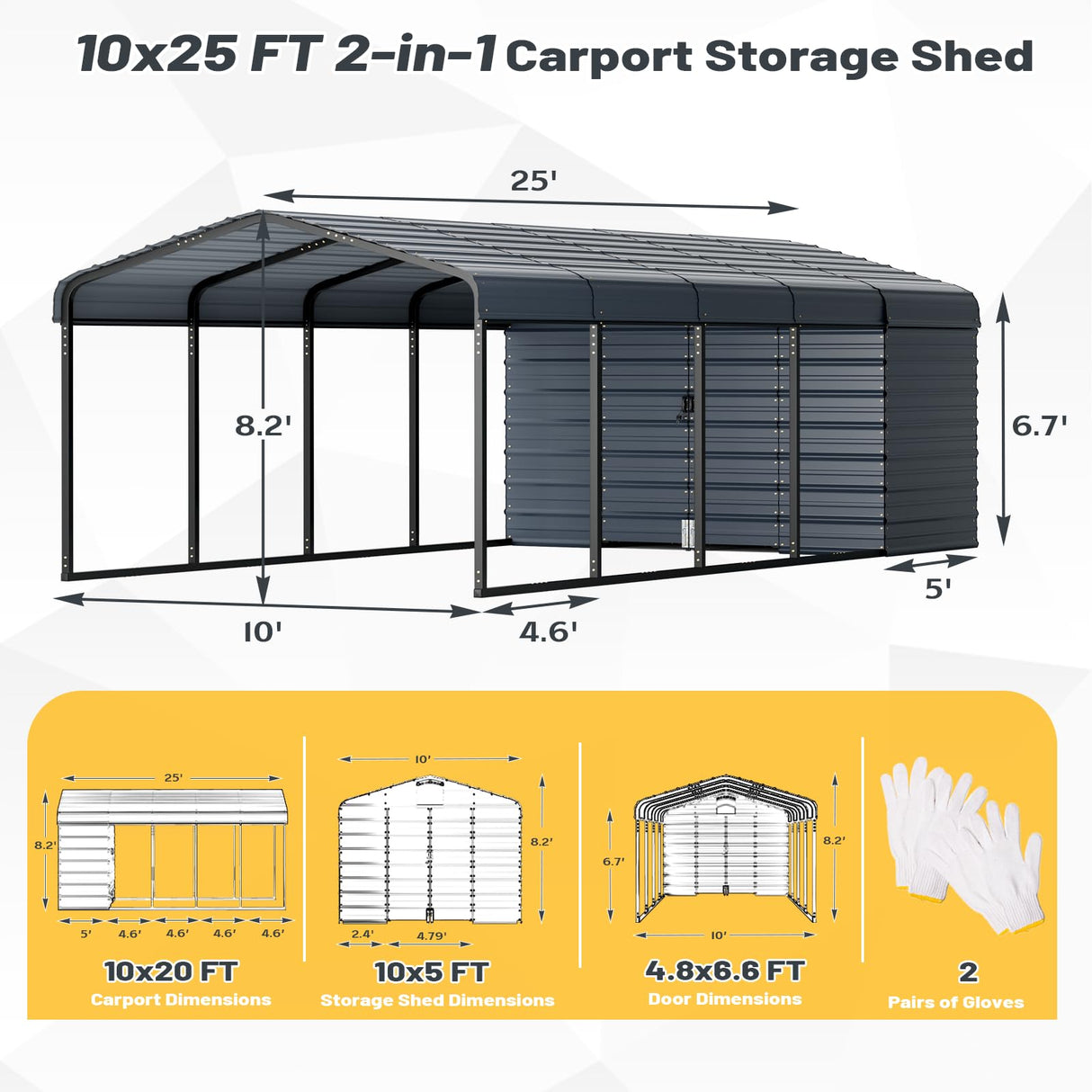 EROMMY 10x25 FT Carport Storage Shed 2-in-1, Heavy Duty Car Port with Galvanized Metal Frame, Base-Reinforced Enclosed Storage Shelter, Extended Coverage for Trucks, Cars & All Vehicles, Gray EROMMY