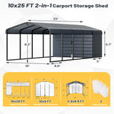 EROMMY 10x25 FT Carport Storage Shed 2-in-1, Heavy Duty Car Port with Galvanized Metal Frame, Base-Reinforced Enclosed Storage Shelter, Extended Coverage for Trucks, Cars & All Vehicles, Gray EROMMY