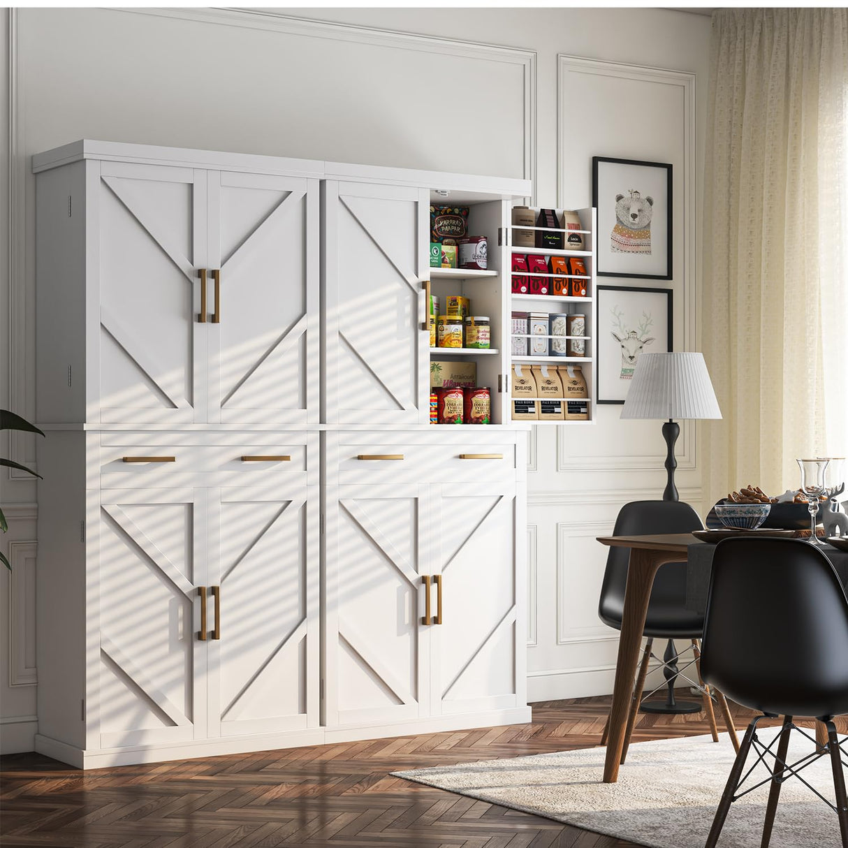 Tall Kitchen Pantry Cabinet with 8 Hanging Shelves, 71” Storage Cabinet with 2 Cabinets, a Large Drawer & Adjustable Shelves, Freestanding Pantry Cabinet for Kitchen, Dining Room, Living Room, White knoworld