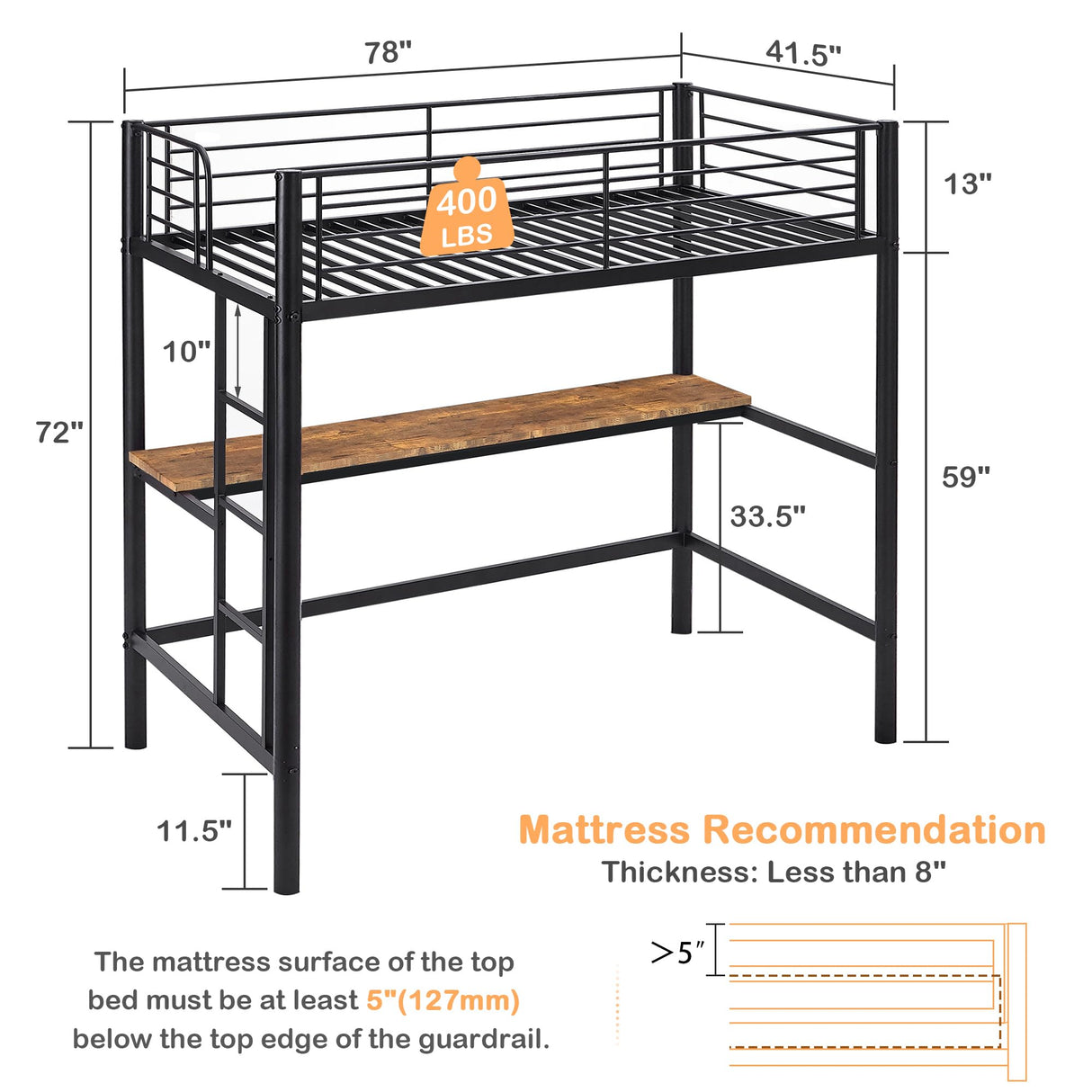 VECELO Metal Loft Bed Twin Size with Desk, Heavy Duty Bedframe with Removable Ladder and Safety Guardrail, Space-Saving, Noise Free, No Box Spring Needed, Matte Black VECELO