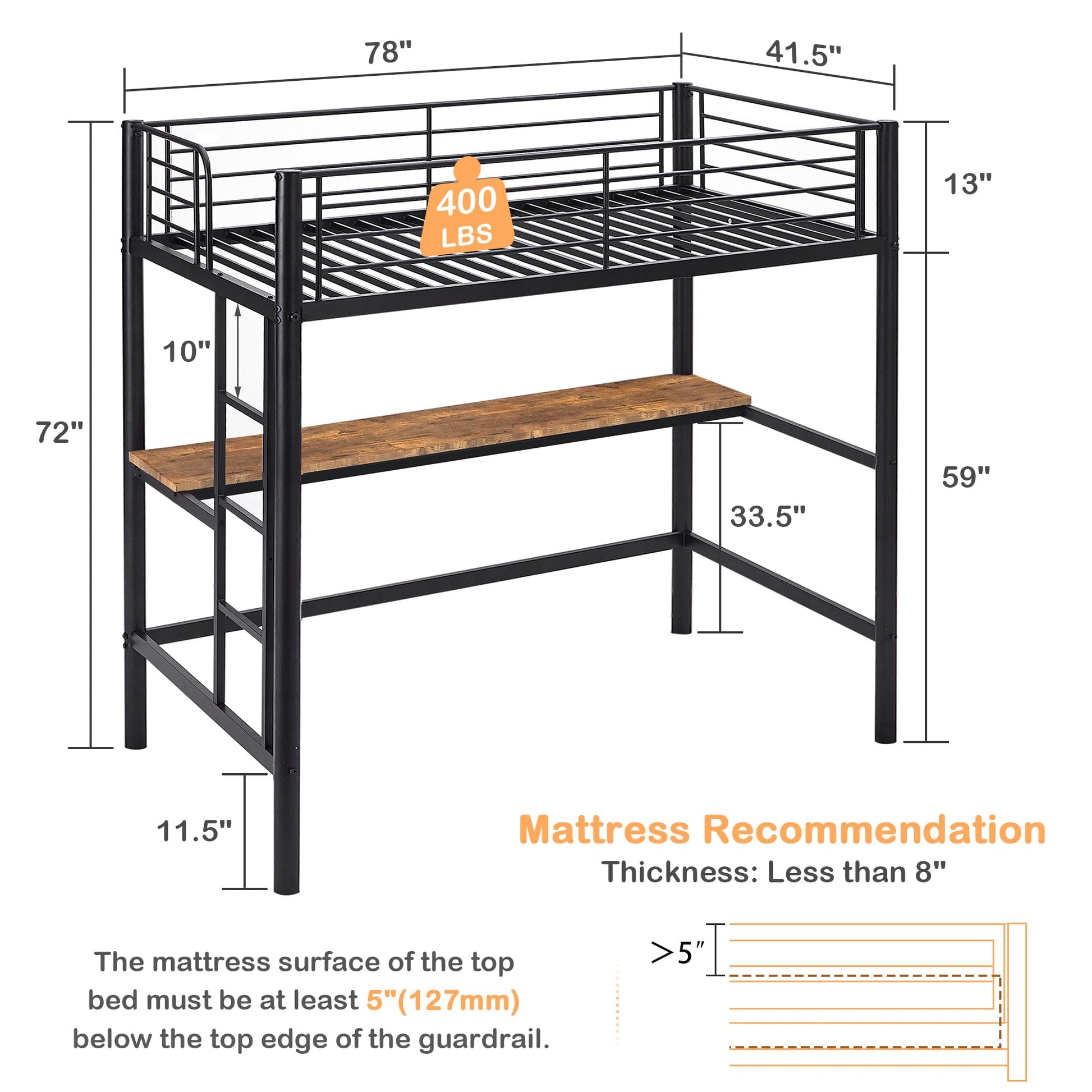 VECELO Twin Loft Bed with Desk - Heavy Duty Metal Frame, Removable Ladder, Safety Guardrails, Space-Saving Design in Black - WoodArtSupply