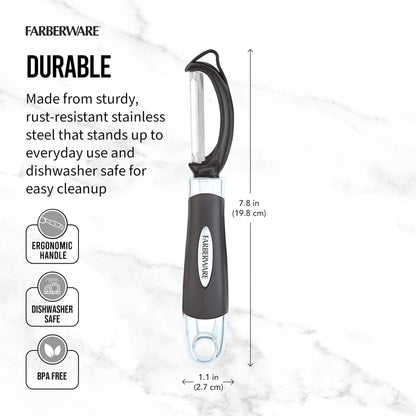 Farberware Euro Peeler, a Kitchen Essential for Quick and Easy Peeling of Produce, Chocolate, Cheeses and More. Features Hang-Hole for Easy Storage, Dishwasher Safe, Black