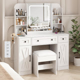 Fameill Vanity Mirror with Lights, Makeup Vanity Desk and Chair, White Vanity Table with Large Storage Drawers and Shelves, Time and Temperature Display, 3 LED Lighting Modes Adjustable Fameill