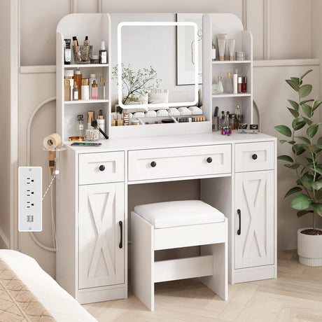 Fameill Vanity Mirror with Lights, Makeup Vanity Desk and Chair, White Vanity Table with Large Storage Drawers and Shelves, Time and Temperature Display, 3 LED Lighting Modes Adjustable Fameill