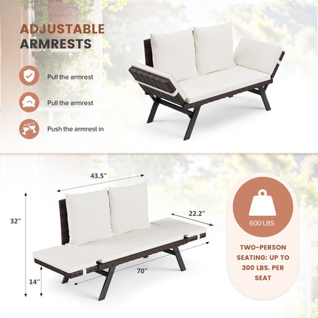 Flamaker Outdoor Convertible Sofa, Woven Rattan Patio Furniture Sunbed with Adjustable Armrests, Removable Cushions and Pillows for Patio, Porch, Pool (Brown Lounger & Beige Pillowcase) Flamaker
