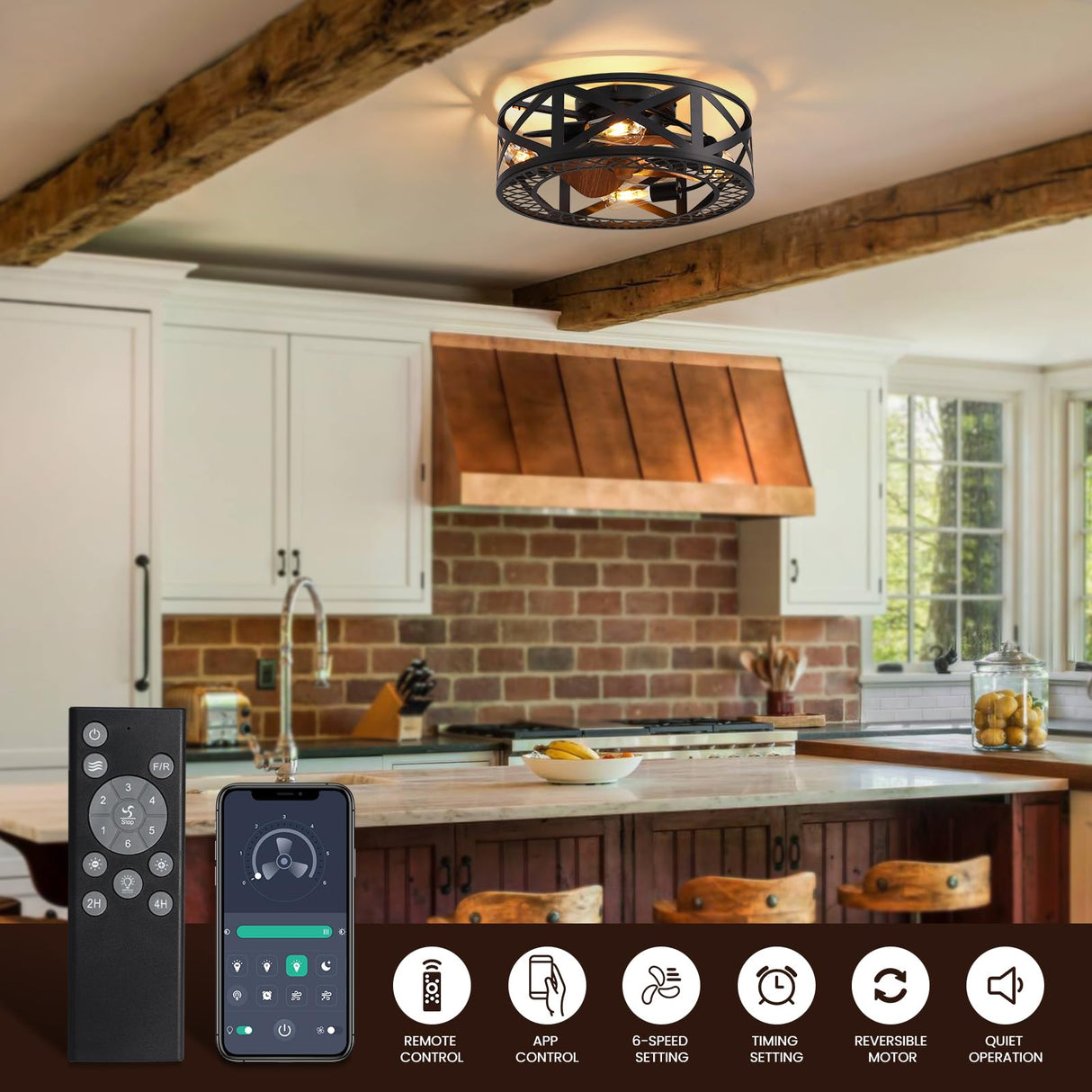 MOOONICHE 20" Caged Ceiling Fans with Lights, Modern Dimmable Flush Mount Ceiling Fan with Lights Remote, Black Low Profile Ceiling Fan for Bedroom, Kitchen,6 Speed Reversible MOOONICHE