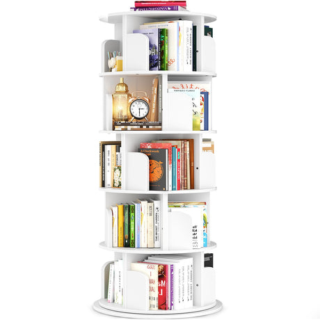 Besiost Rotating Bookshelf Tower, 5 Tier Spinning Bookcase, Revolving 360 Book Shelf Narrow Tall Bookcase, Vertical Turning Round Bookshelf Organizer, Wood Corner Book Shelf for Small Space, White Besiost