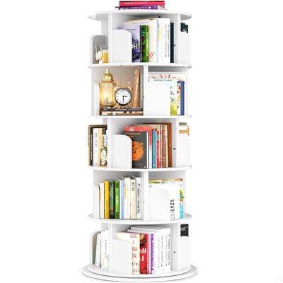 Besiost Rotating Bookshelf Tower, 5 Tier Spinning Bookcase, Revolving 360 Book Shelf Narrow Tall Bookcase, Vertical Turning Round Bookshelf Organizer, Wood Corner Book Shelf for Small Space, White