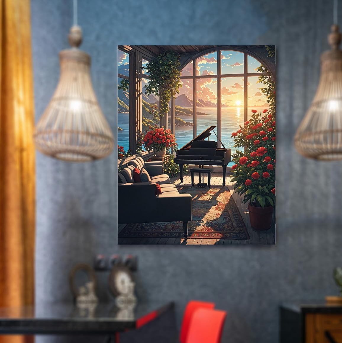 Lovepefe Beach Piano Paint by Numbers Kit for Adults Beginners Ocean Music Room DIY Oil Painting by Number Kits on Canvas Pretty Musical Art Painting by Numbers for Gifts Home Wall Decor 16x20 Inch Lovepefe