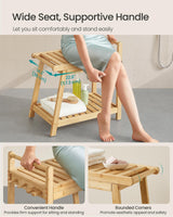 SONGMICS Bamboo Shower Bench with Storage Shelf, Shower Chair, Water Resistant Shower Stool with Handle and Hooks, Shower Head Holder, Non-Slip Feet, for Bathroom, Adults, Natural Beige UBCB121N01 SONGMICS