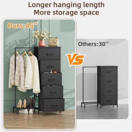 Somdot Dresser with Hanging Rack,5 Drawers Small Closet for Bedroom,Reversible Dresser with Clothes Rack,Kids Dressers for Bedroom Chest of Drawers,Tall Storage Tower,Black Somdot