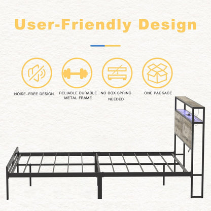 HAUSOURCE King Bed Frame with LED Storage Headboard & Metal Platform Support - WoodArtSupply