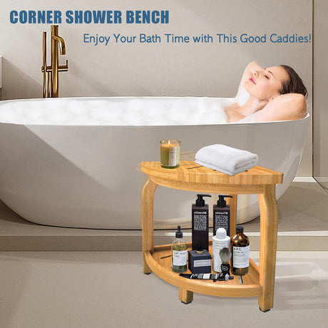 KingPavonini Bamboo Corner Shower Stool for Shaving Legs Foot Rest, Waterproof Bath Bench Seat with Storage Shelf for Bathroom Inside Shower, Hold Up to 450Lbs KingPavonini