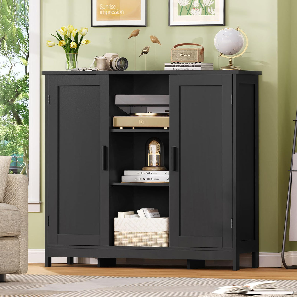 TEENFON Storage Cabinet with 2 Doors and 3 Adjustable Shelves, Entryway Cabinet, Coffee Bar for Living Room, Bedroom, Home Office, Entryway, Black TEENFON