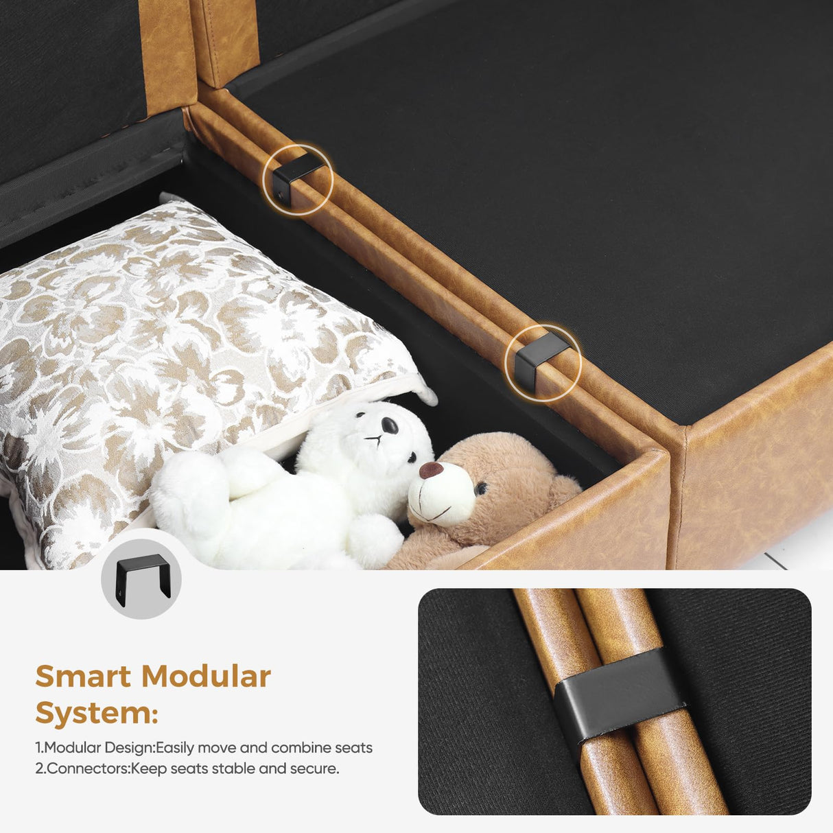 ABCASA Faux Leather U Shaped Modular Sectional Sofa 91.5", 5 Seater Couch with Movable Ottoman Deep Seat and Storage Seat with Removable Cover for Living Room, Apartment - Brown ABCASA