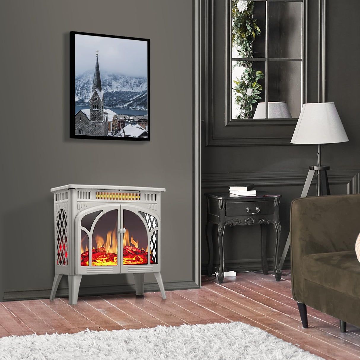 R.W.FLAME Electric Fireplace Heater 25" with Remote, Cathedral Stylish, Different Flame Effects and Log Set Colors, Adjustable Brightness and Heating Mode, Overheating Safe Design, Beige R.W.FLAME