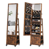 MASMIRE Rotating Jewelry Cabinet with Vanity Mirror,Full Length Mirror with Storage Mirror Jewelry Armoire Standing with LED Lights Lockable Jewelry Organizer Wheels Rustic Brown MASMIRE