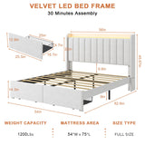 TIGUBFRE Full Size Bed Frame with Storage Headboard, Upholstered Platform Bed Frame with LED Lights, Drawers, Charging Station, Wood Slats Support, No Box Spring Needed, Noise Free, Beige TIGUBFRE