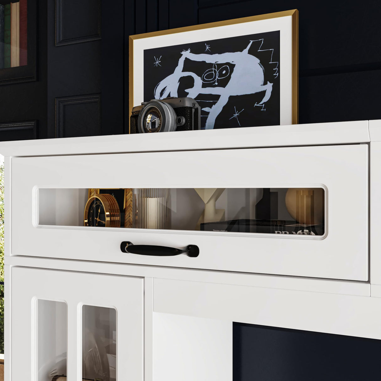 AIEGLE Glass Door Entertainment Center with Storage Bridge, Traditional Media Console Table Wall Unit with Shelves for 70 75 inch TV, TV Stand Set, White, 96.9”W AIEGLE