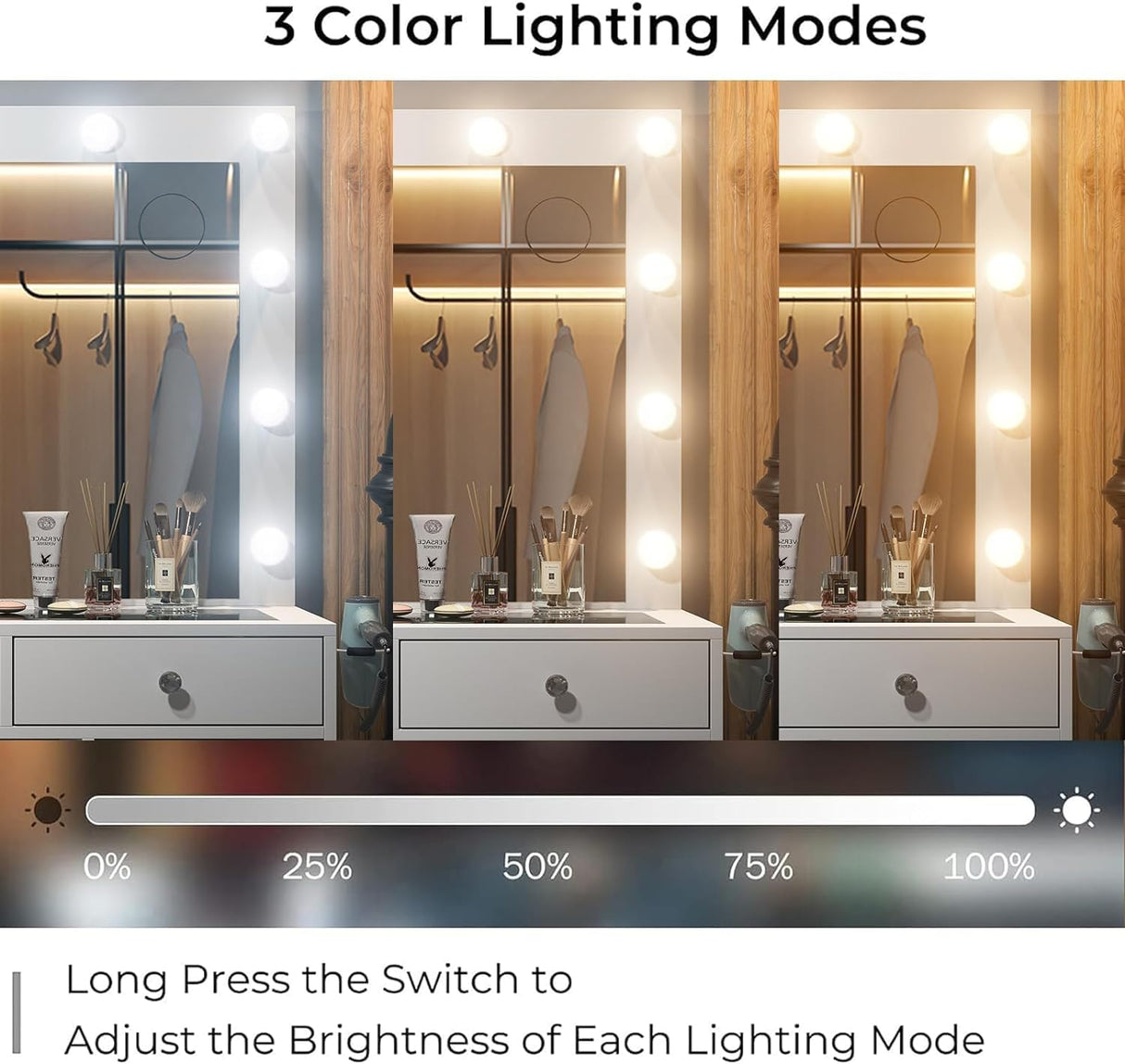 FUSOU Vanity Desk with Power Outlet, Makeup Vanity with Mirror and 12 LED Lights, 3 Lighting Modes,11 Drawers Vanity Table with Chair, Glass Top, Dressing Table for Bedroom,Dressing Room (White) FUSOU