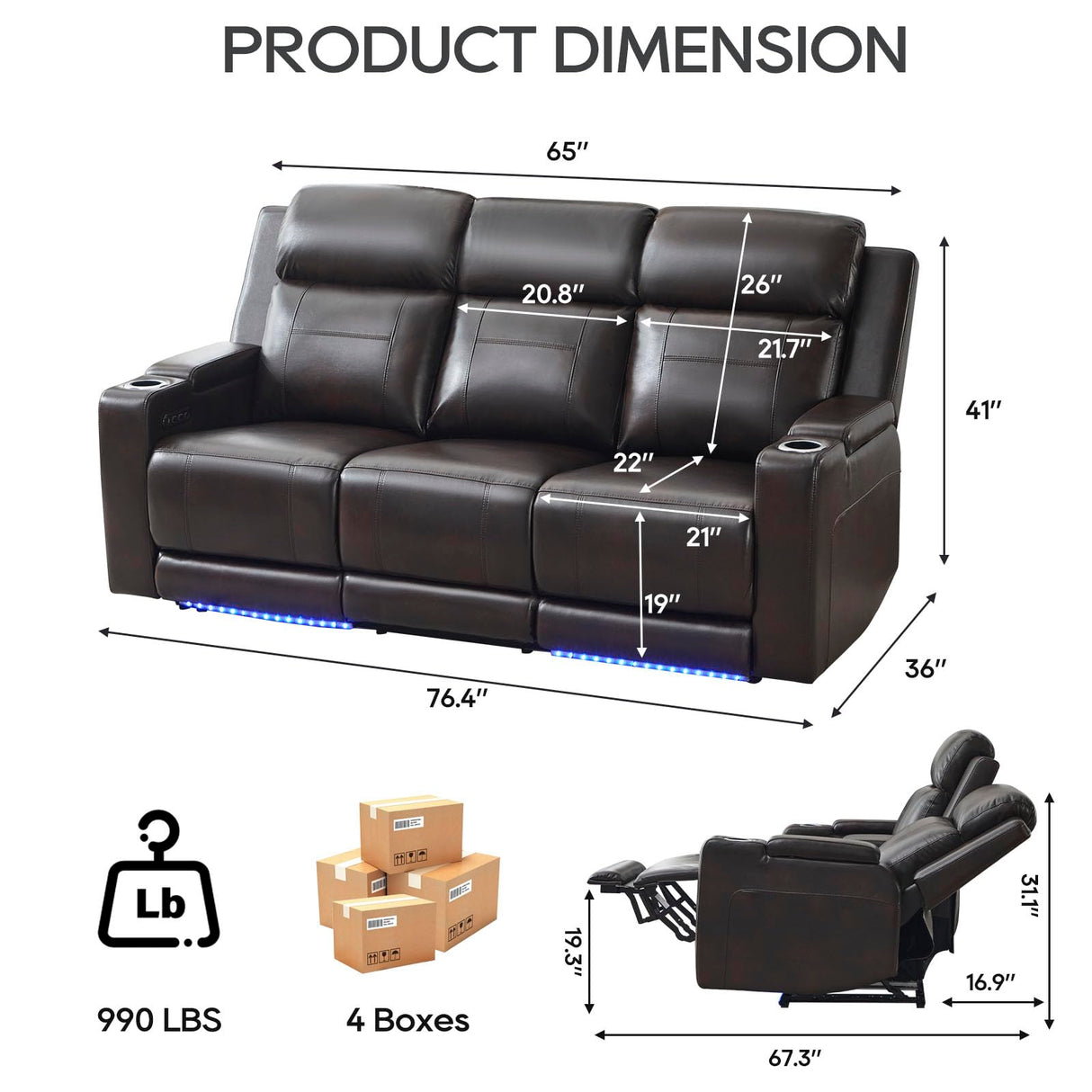 P.H.Furn Power Recliner Sofa, Home Theater Seating with Adjustable Headrest, Blue LED Lighting, Reclining Loveseat, Flip-Up Backrest Storage, Multi-Port Charger, Cup Holder, USB P.H.Furn