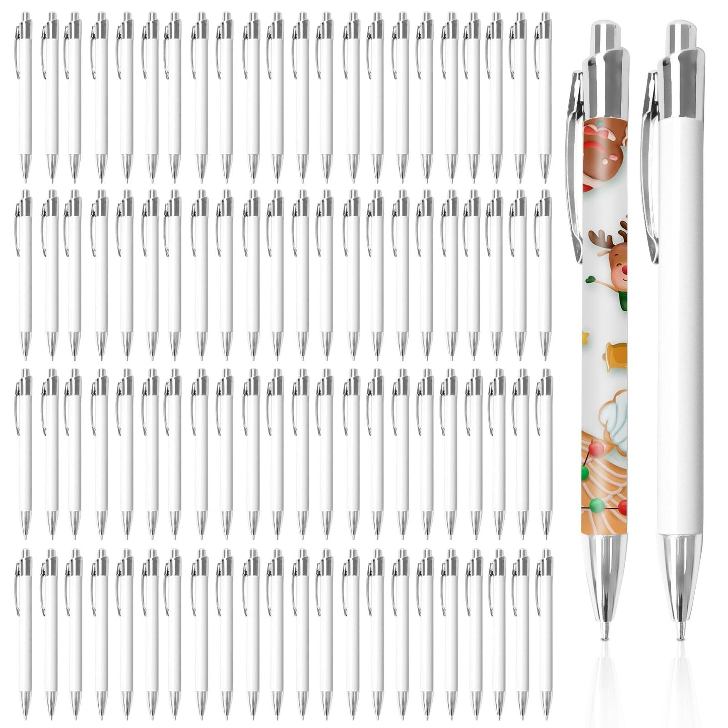 SENONAPO 100 Pcs Sublimation Pens Bulk Diy Christmas Personalized Pens Heat Transfer Ballpoint Pen with Shrink Wrap White Blank Aluminum Customized Clip Pen for Office School Stationery Gift Supplies