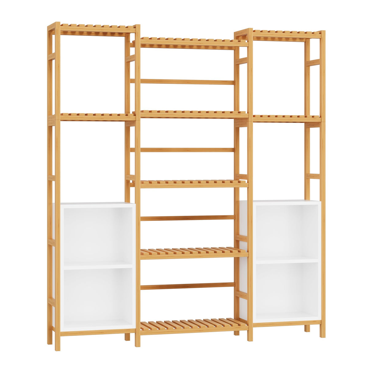 FOTOSOK Bamboo Shelf Bookcase, Triple Wide Bookshelf with 4 Cubes & 9 Shelves, Large Bookshelf with Storage, Plant Shelf Bathroom Shelf Pantry Shelf Standing Organizer Unit, Natural FOTOSOK