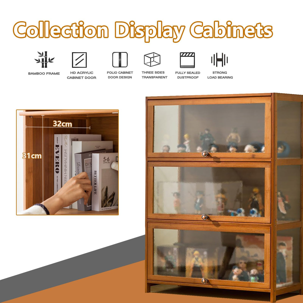 Paulist Small Curio Cabinets Curio Display Cabinet with Acrylic Doors, 3 Tier 4 Tier Showcase &Display Shelf for Figures, Toys, Books, Bookcase for Office, Playroom, Living Room,Brown,80x32x106cm Paulist