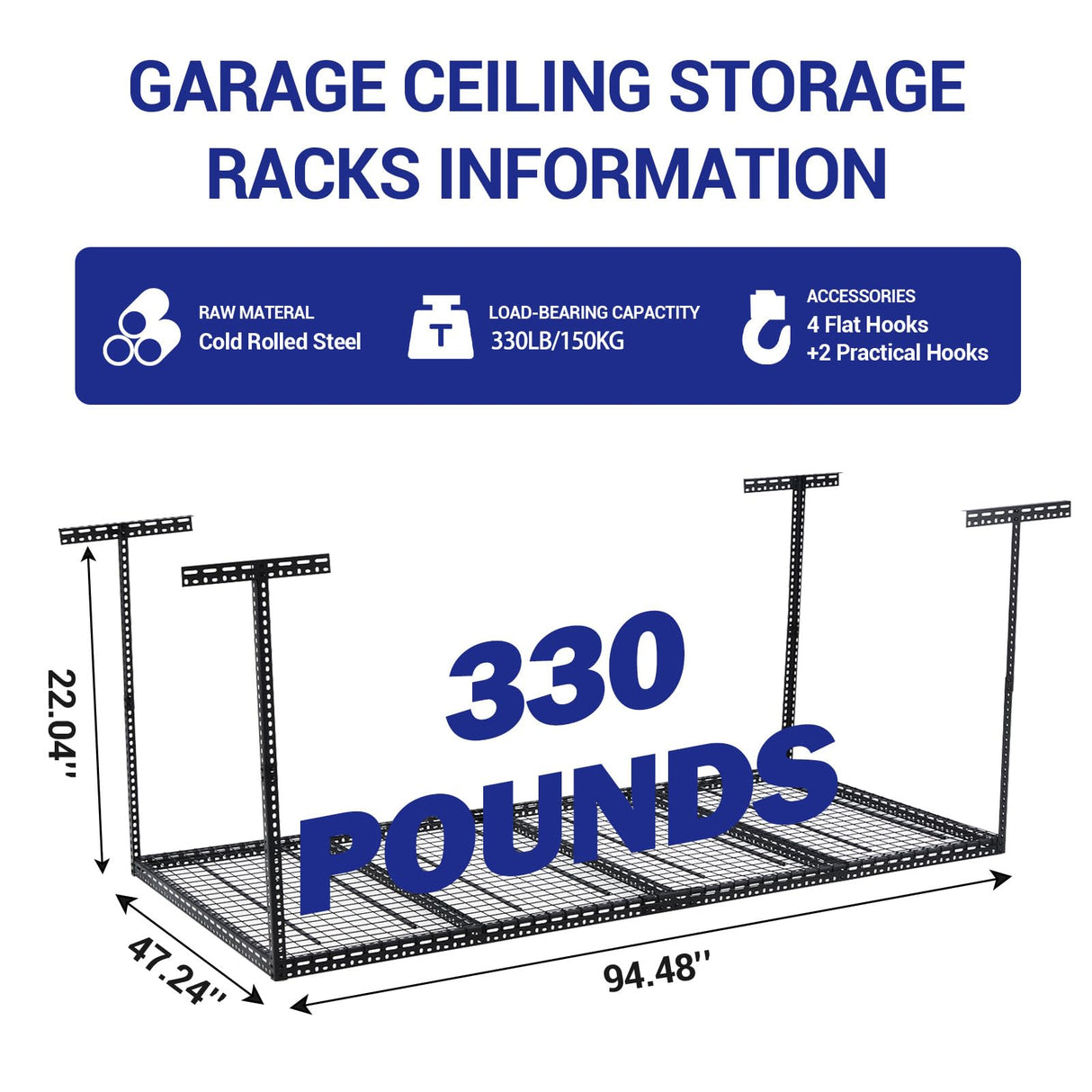 GarveeTech 4x8 FT Overhead Garage Storage Rack, 22"-40" Height Adjustable Ceiling Storage Rack 330lbs Weight Capacity, Heavy Duty Metal Hanging Storage Shelves for Garage (Black, Vertical Post x 4) GarveeTech