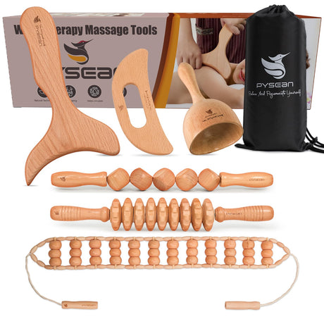 PYSEAN 6 in 1 Wood Therapy Massage Tool Set for Body Sculpting Massage, Lymphatic Drainage and Muscle Pain Relief, Cellulite Sculpting Multi-Functional Massager PYSEAN