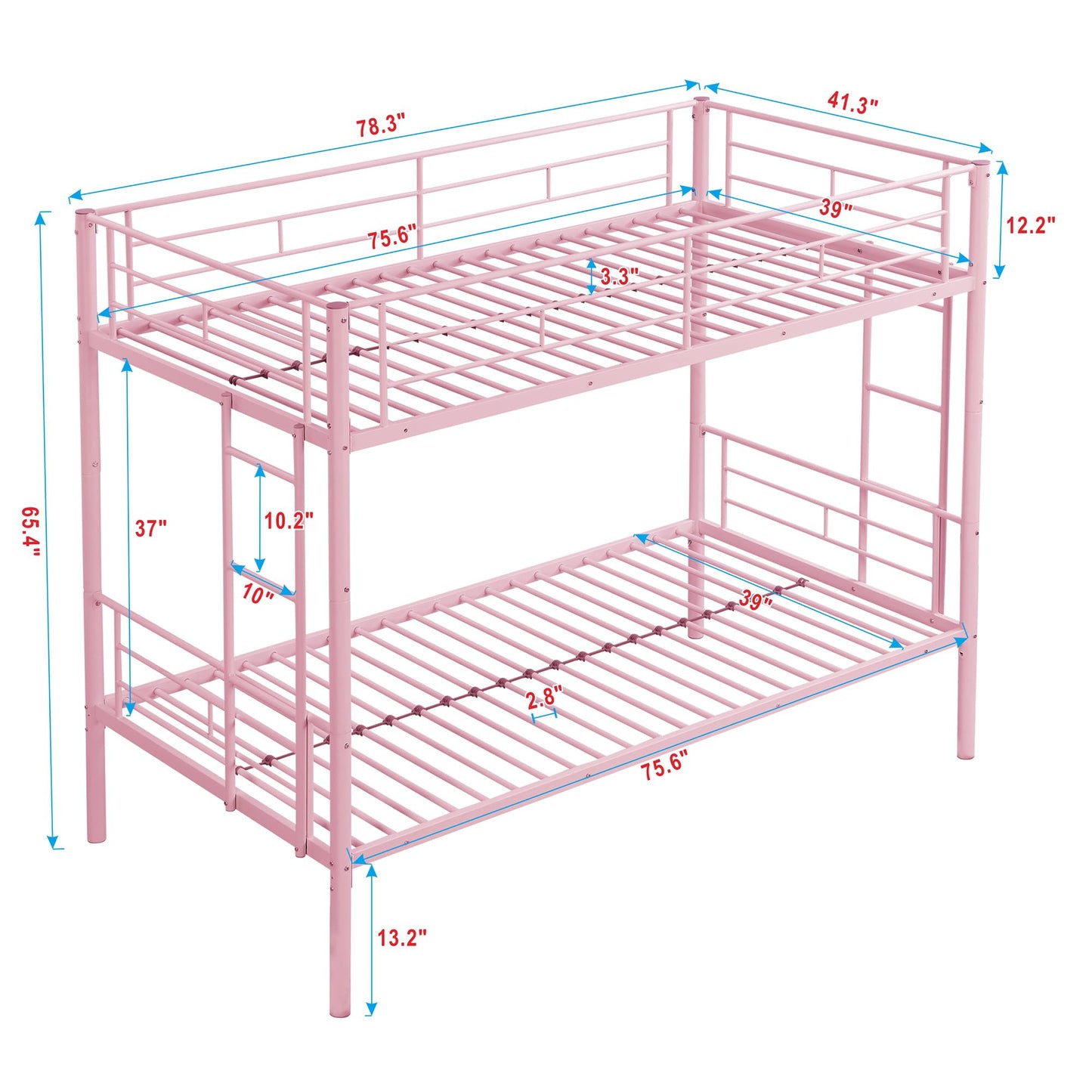 Zyerch Twin Over Twin Bunk Bed with Trundle, 3 Bunk Beds for Kids, Twin Bunk Beds Metal Bed Frame with 2 Ladders & Full Length Guardrail, Noise Free Metal Bunkbeds, Pink