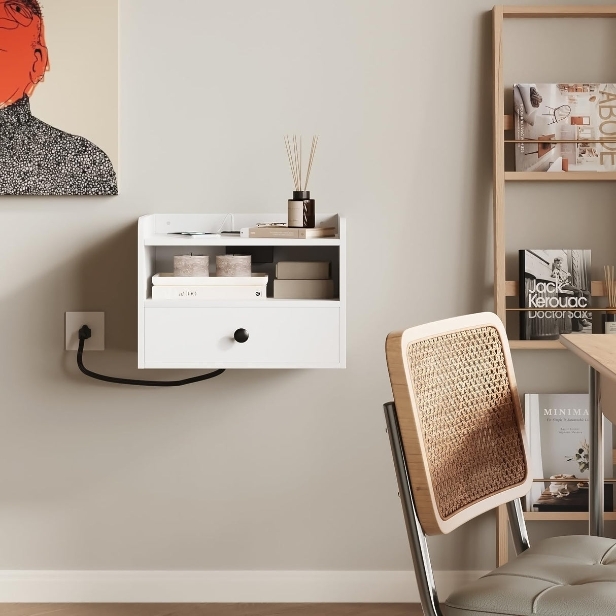 Floating Nightstand Set of 2 with Charging Station Modern Night Stand for Bedroom with Drawer Small Bedside End Table with Outlet Wood Wall Mounted Nightstands Set 2White HOSEOKA