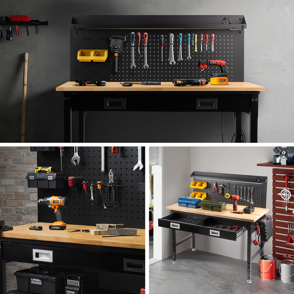MUWOOD 60" Workbench with Drawers, Work Benches for Garage with Strip Light, Adjustable Work Table with Large Pegboard, 2000 LBS Heavy Duty Table with Power Outlet Rubber Wood for Garage, Office MUWOOD
