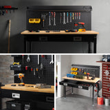 MUWOOD 60" Workbench with Drawers, Work Benches for Garage with Strip Light, Adjustable Work Table with Large Pegboard, 2000 LBS Heavy Duty Table with Power Outlet Rubber Wood for Garage, Office MUWOOD