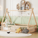 Mirightone Floor Bed for Kids, Twin Size Teepee Tent Beds, Montessori Floor Bed with Slats and Fence Rails, Wood House Bed Frame for Boys Girls, Natural Mirightone