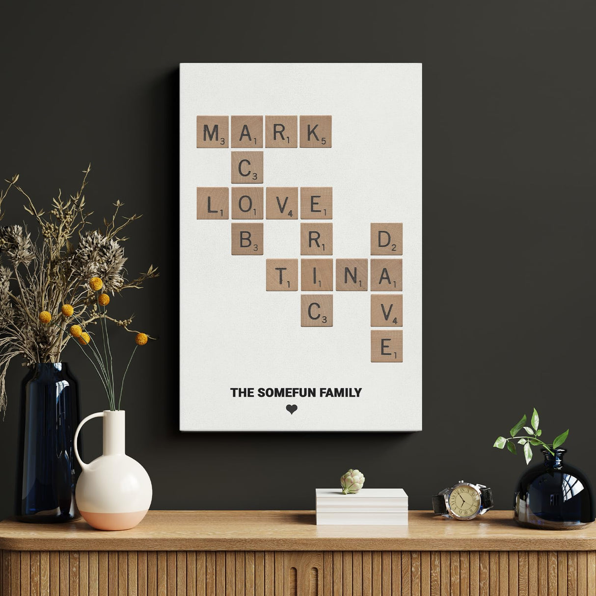 Personalized Family Scrabble Wooden Framed Canvas Wall Art, Customized Crossword Wall Art - Scrabble Letters for Wall Decor, Living Room Decor ENQU