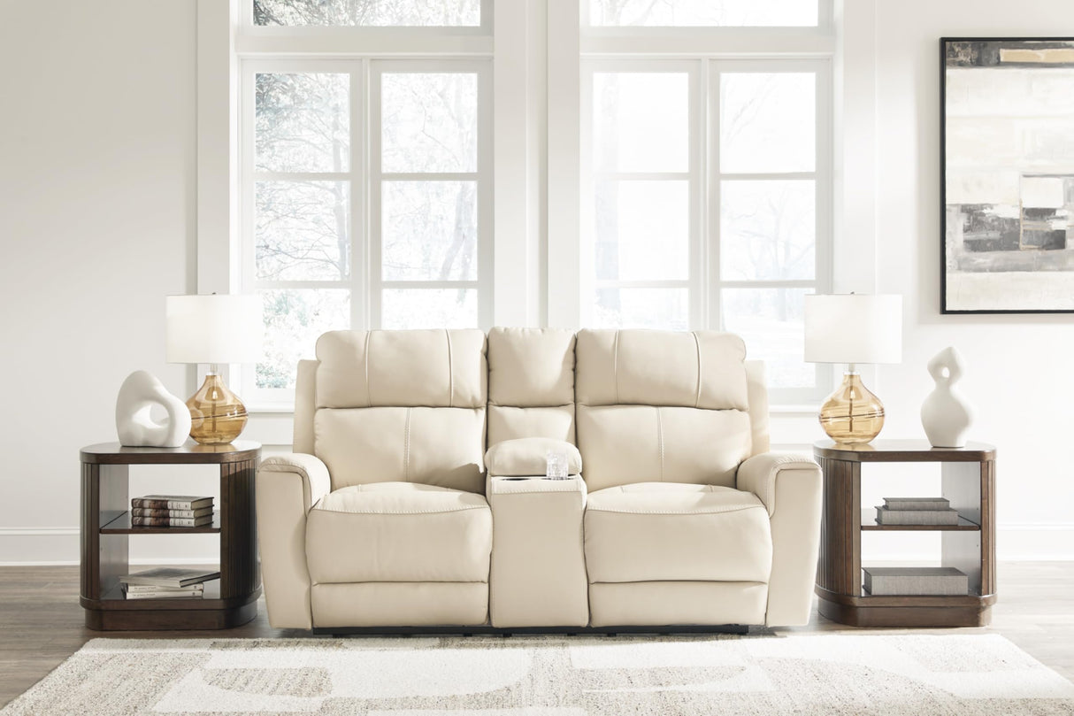 Signature Design by Ashley Dahlmoore Contemporary Leather Match Power Reclining Loveseat with Console and USB Ports, Beige Signature Design by Ashley