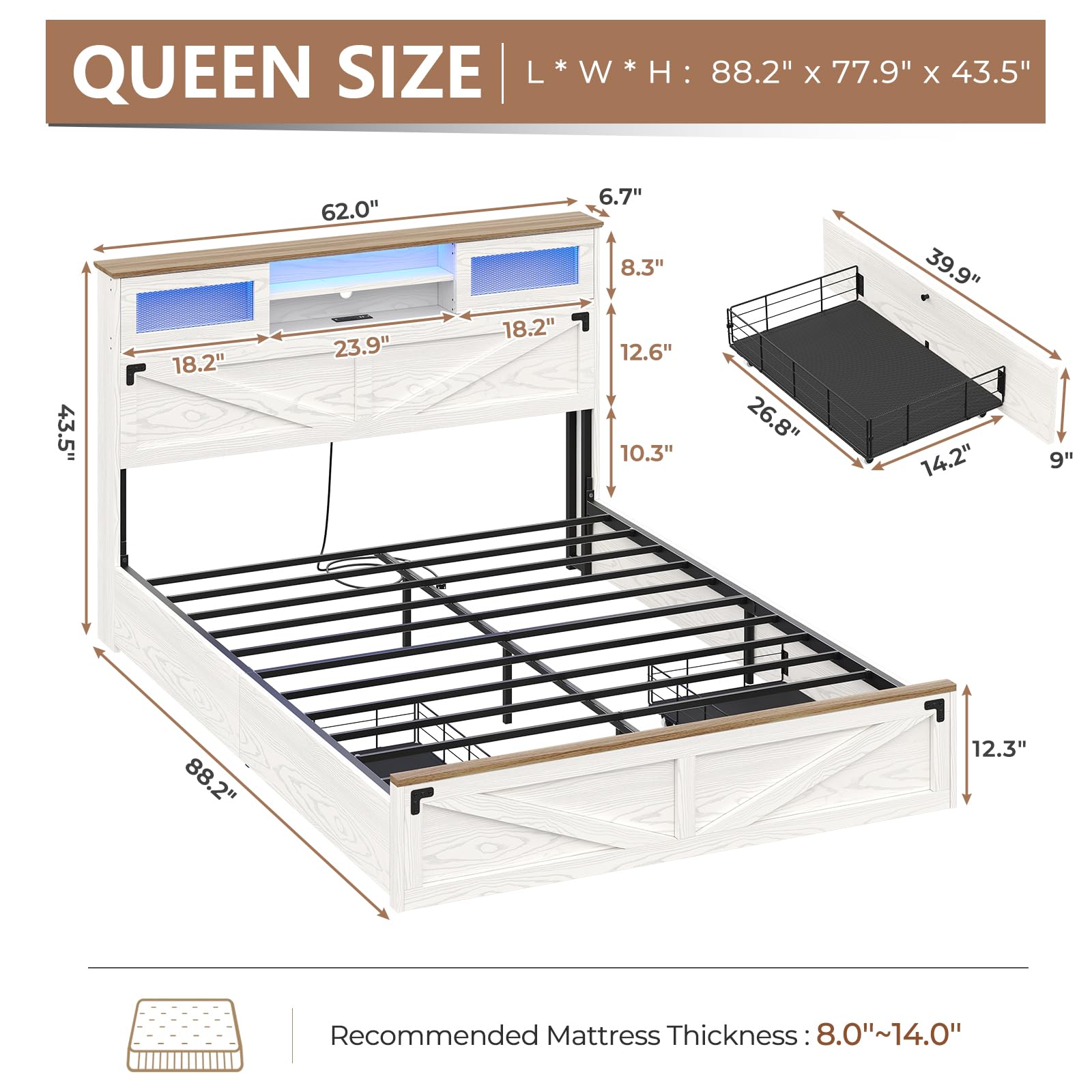 Hasuit Queen Size Farmhouse Bed Frame with Bookcase Headboard, LED Lights, Charging Station, and 2 Drawers in White - WoodArtSupply