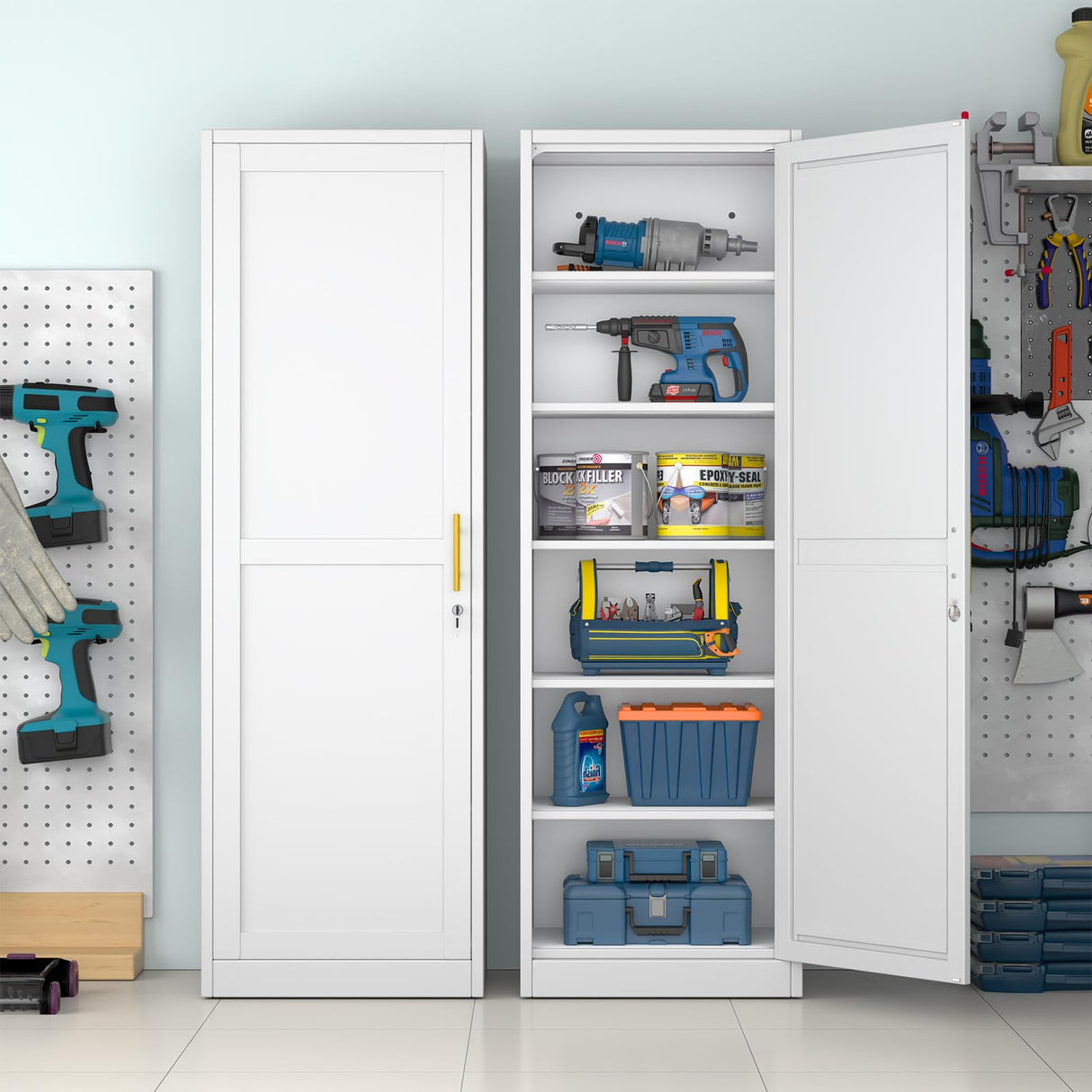 pozdeg 67" Metal Storage Cabinet with Lock, Tall Narrow Office File Cabinets with 5 Adjustable Shelves, Metal Steel Locker for Home, School, Office, Garage or Gym (White) pozdeg