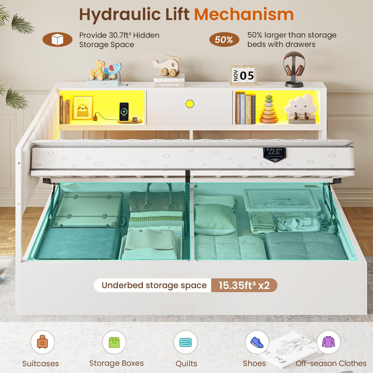 DICTAC Full Corner Bed Frame with Hydraulic Storage,Charging Station and Led Lights Metal Lift up Platform Storage Bed Frame with Upholstered Headboard,Full Size Daybed with Bookcase Guardrail,White DICTAC