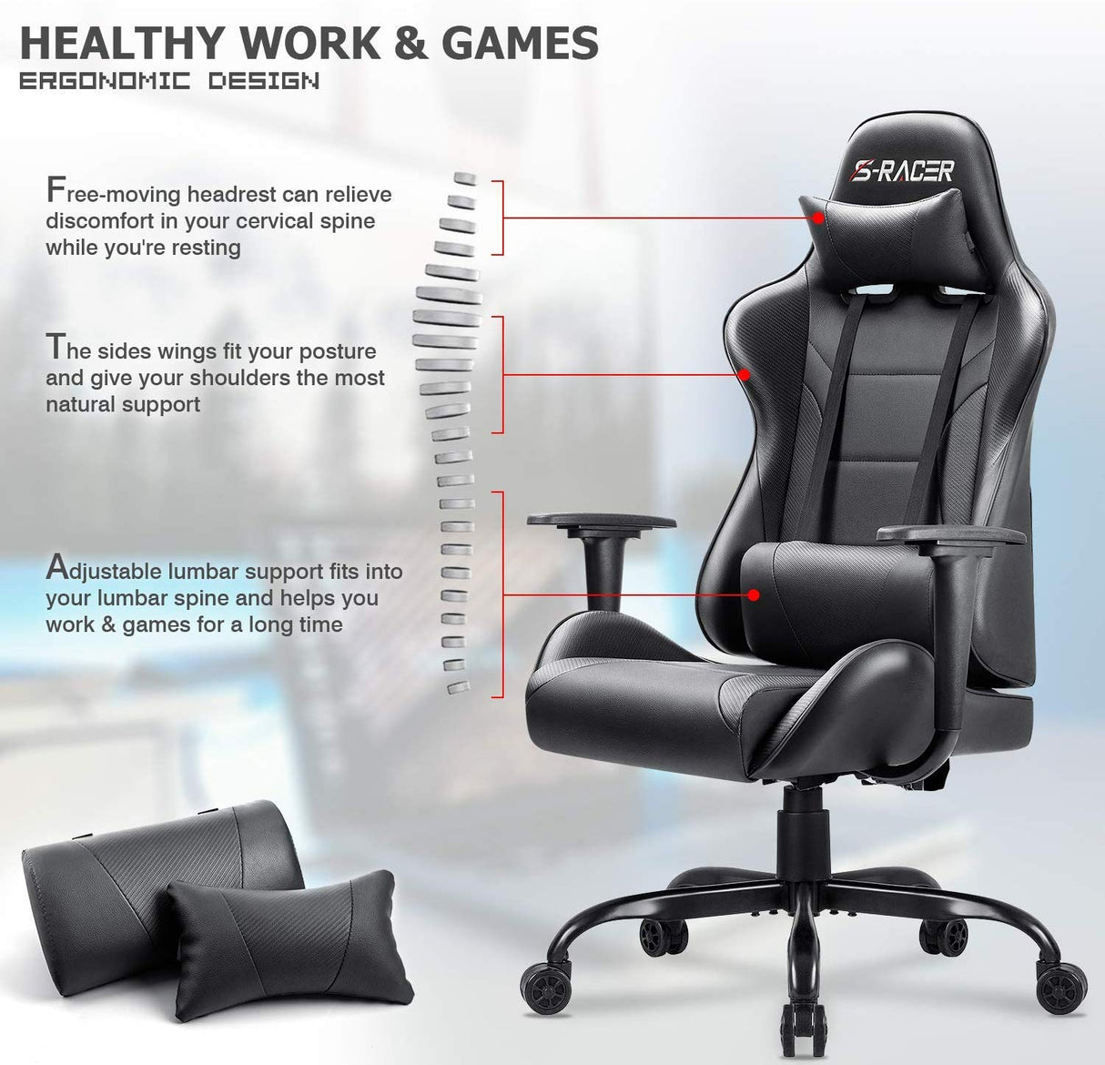 Homall Gaming Chair Computer Office High Back Leather Gamer Desk Chair Ergonomic Adjustable Swivel Racing Chair with Headrest and Lumbar Support (Black) Homall