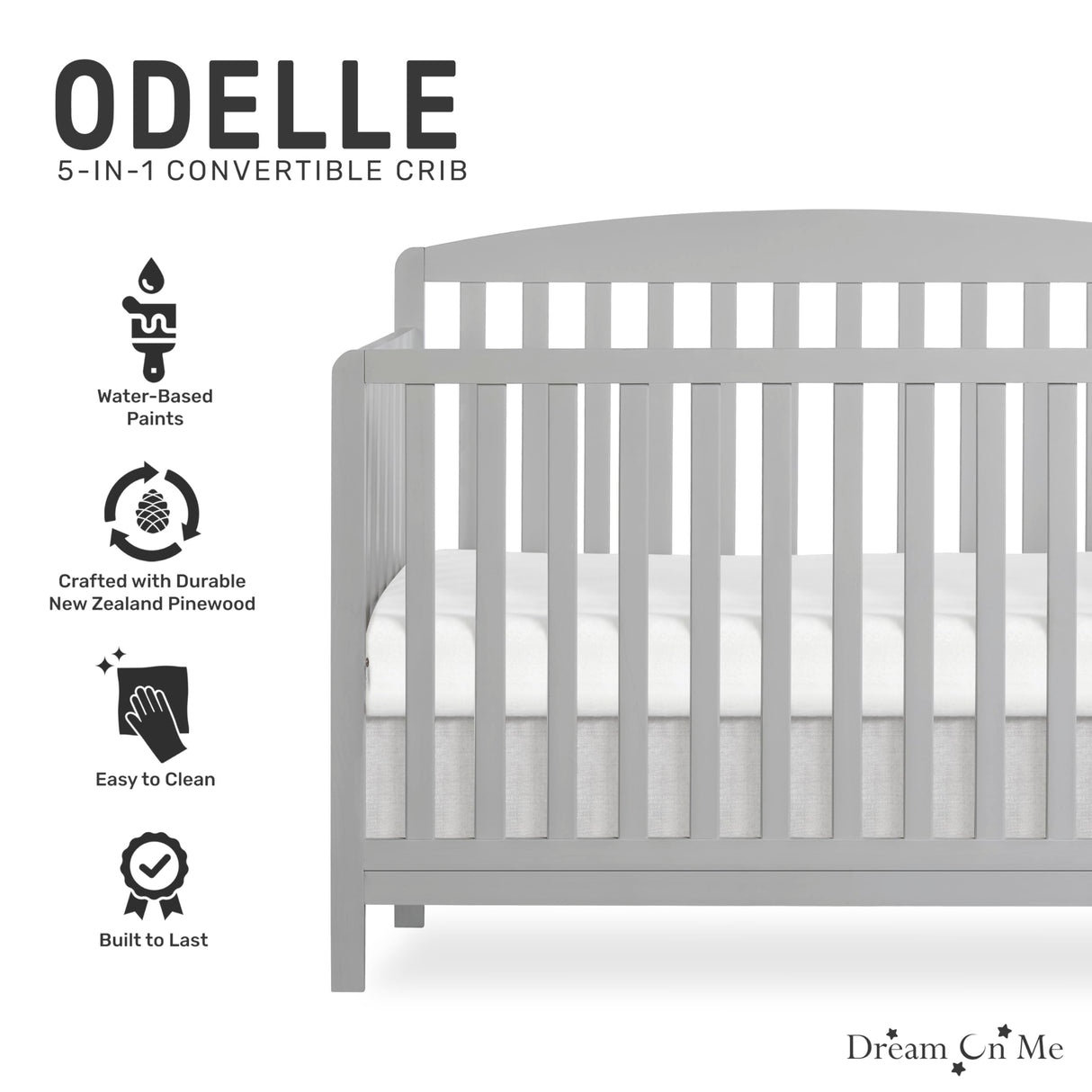 Dream On Me JPMA & Greenguard Gold Certified Odelle 5 in 1 Convertible Crib in Pebble Grey, Built of Sustainable Pinewood, 3 Mattress Height Settings, Non-Toxic Water-Based Paint Finish Dream On Me